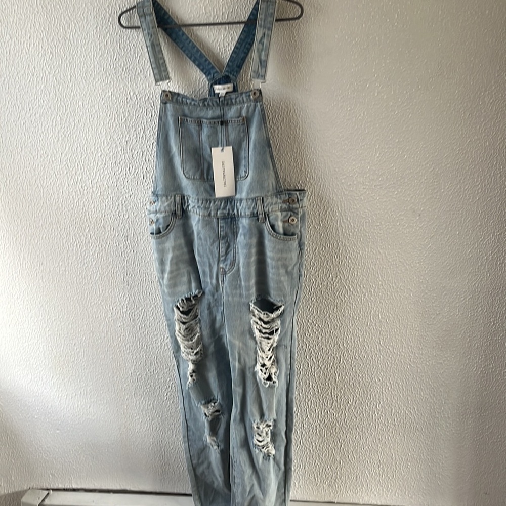 Overalls Washed Denim Ripped Bibs Light Blue Distressed Jeans Size Med